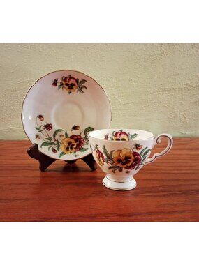 Pansy Floral Flower Teacup Vintage Tuscan Fine English Bone China Saucer Vintage